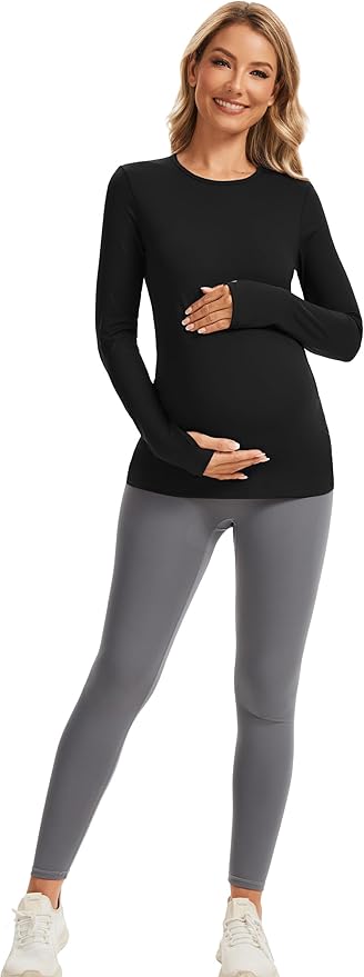 MathCat Maternity Long Sleeve Shirt with Thumbleholes,Pregnancy Casual Tee Blouse Athletic Yoga Workout Tops