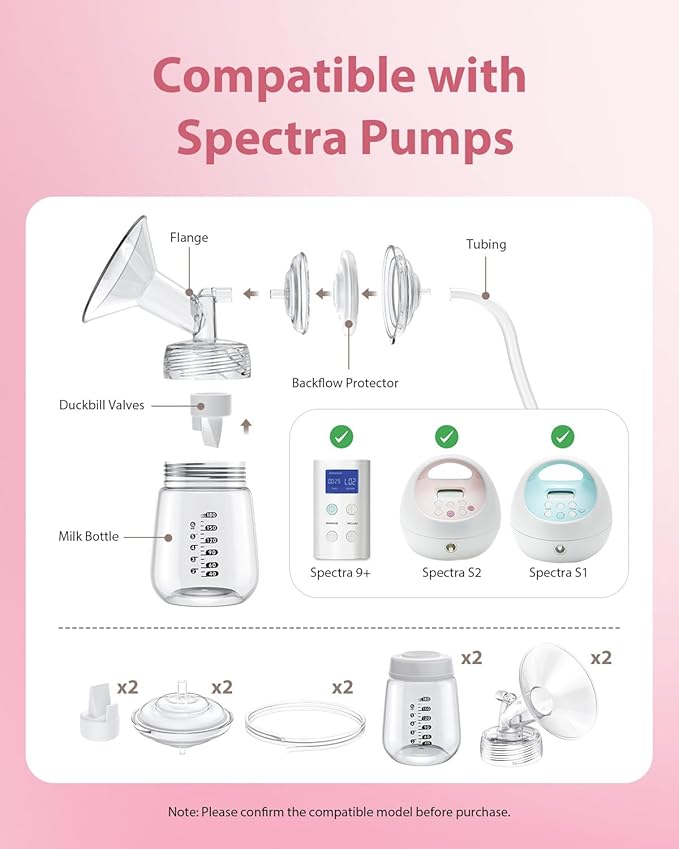 Breast Pump Parts Compatible with Spectra S1/S2/9 Plus, Not Original Accessories, Full Set Replacements Include 26mm Flanges, Valves, Backflow Protectors (Duckbills Included), Tubings and Bottles