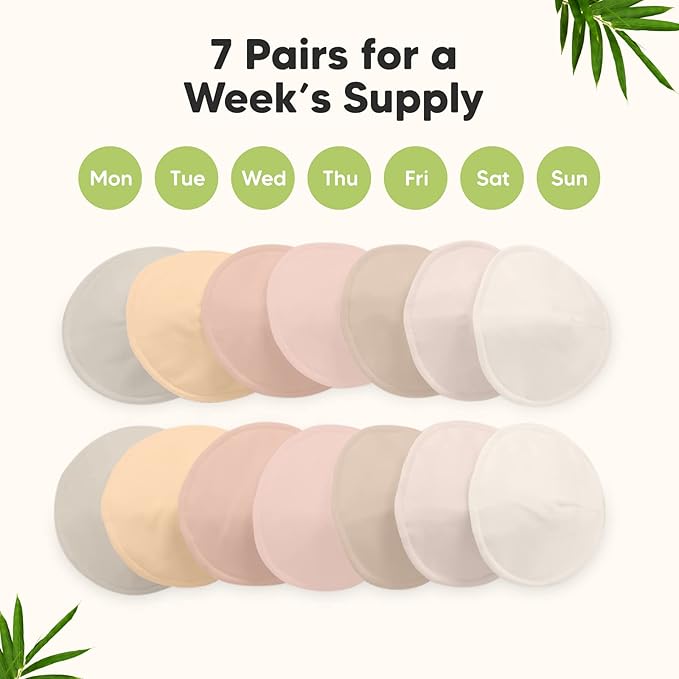 Organic Nursing Pads - 14 Washable Viscose Derived from Bamboo Breastfeeding Pads, Wash Bag, Reusable Breast Pads for Breastfeeding, Nipple Pads for Breastfeeding Essentials(Neutrals, L 4.8")