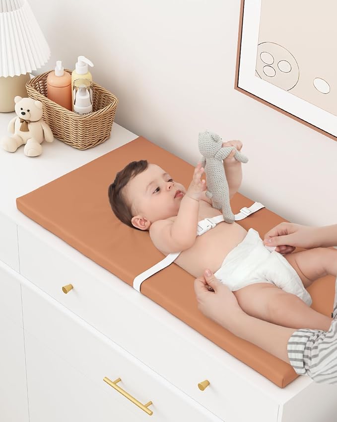 Wipeable Baby Changing Pad for Dresser and Table, Cozy Diaper Changing Pad with Waterproof & Wipe-Clean Leather Cover, Standard Size (31.5" L x 15.8" W), Coffee Color