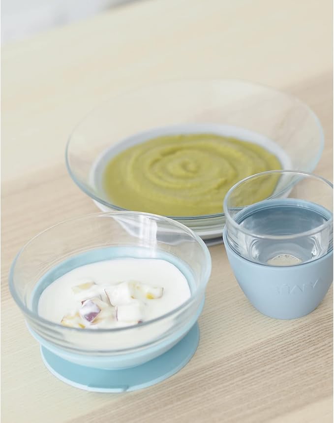 BEABA 3-Piece Glass Meal Set with Silicone Suction, Toddler Plate and Baby Bowls with Suction, Non Slip Kids Dinnerware Set, 2.5x Stronger than Regular Glass, (Rain)