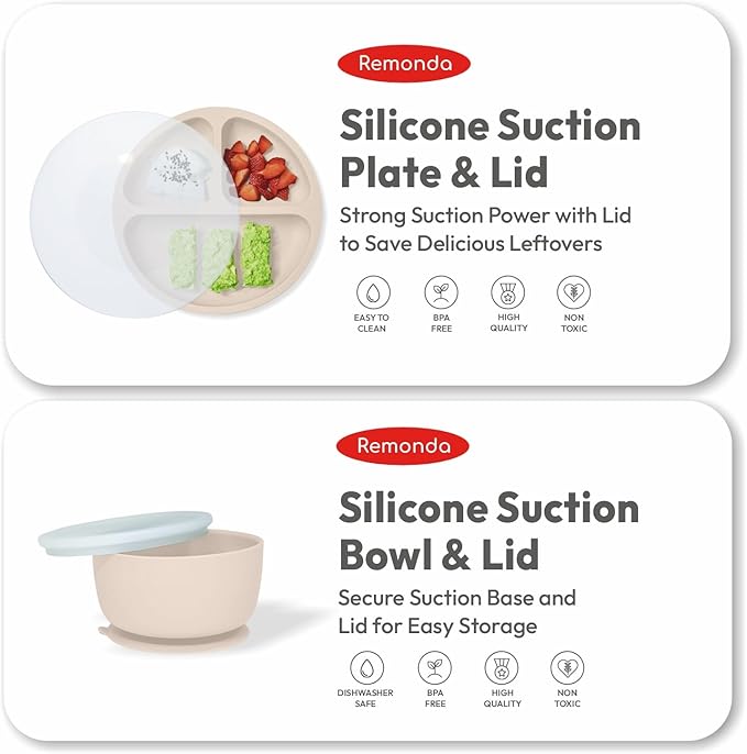 Remonda 23-Piece BPA-Free Silicone Baby Feeding Set | Extra Large Suction Plates, Toddler Bowls, Self Feeding Spoons, and More | Dishwasher Safe| Baby Led Weaning Supplies (Beige)