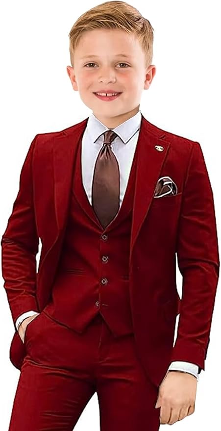Boys Suit 4 Piece Slim Fit Kids Tuxedo Suit Formal Wedding Outfit Blazer Vest Pants Set with Tie