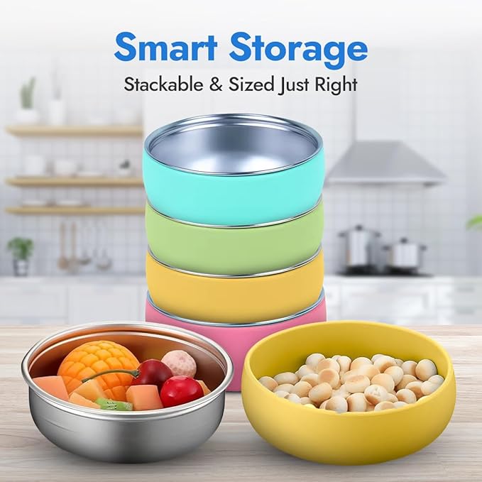 4 Pack Stainless Steel Bowls for Kids - BPA-Free 5" Baby Bowls with Removable Silicone Base - Non-Slip Toddler Bowls for Snacks & Meals (Bright Colors)