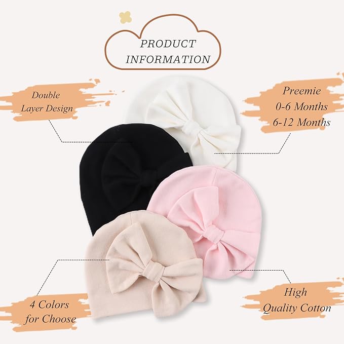 Bamery Newborn Baby Girl Hat Cotton Baby Bow Beanie Preemie Hats Spring Infant Hats for Girls 0-12 Months