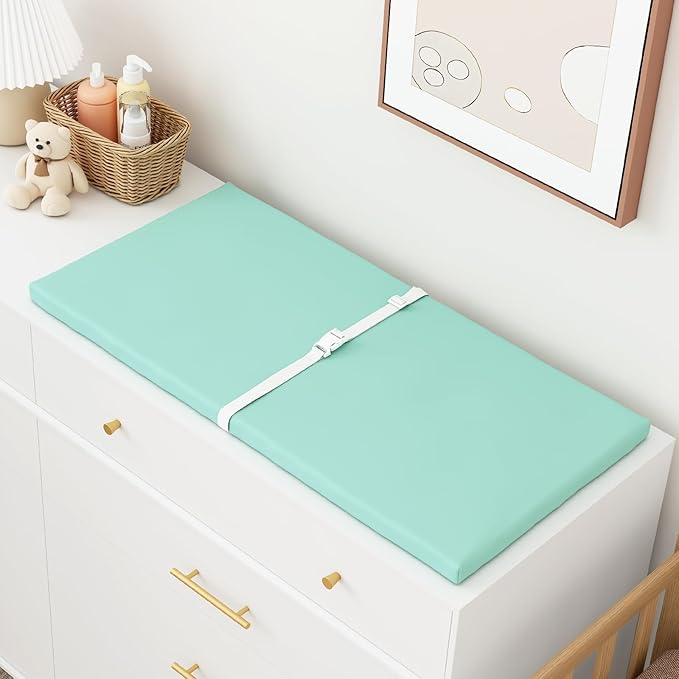 Wipeable Baby Changing Pad for Dresser and Table, Cozy Diaper Changing Pad with Waterproof & Wipe-Clean Leather Cover, Standard Size (31.5" L x 15.8" W), Green