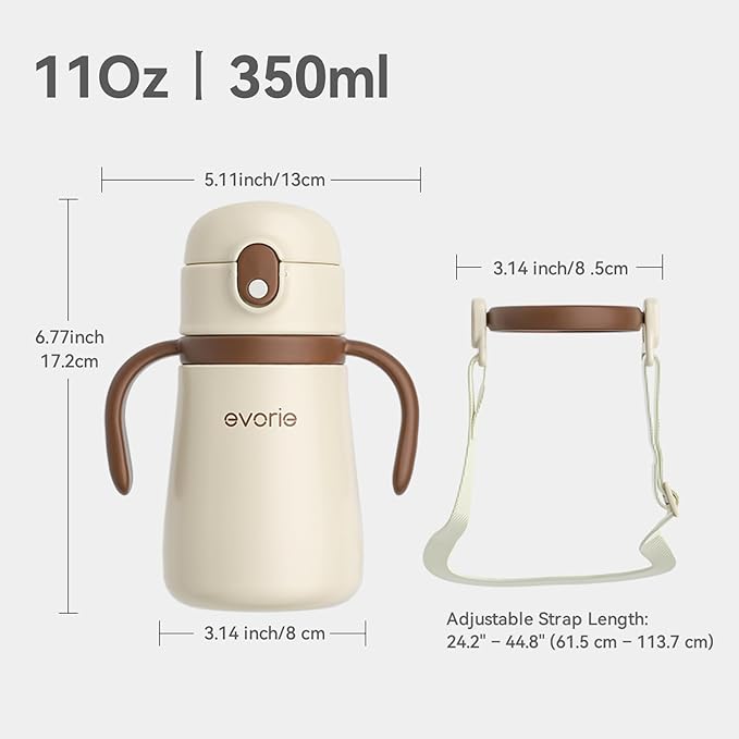 Evorie Leak Proof Vacuum Insulated Water Bottle, 316L Stainless Steel Sippy Cup for Toddlers, 11 oz Straw Cup with Handle & Adjustable Strap, Keeps Drinks Warm or Cold (1 Pack, White)