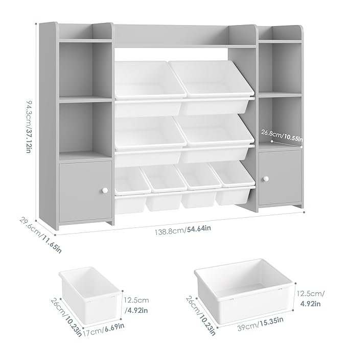 FOTOSOK 55''Large Toy Storage Organizer with 8 Toy Bins, Toy Organizers and Storage with Shelf and 6 Storage Cubbies, Bookshelf for Kids, Playroom Organization and Storage Bins, Grey