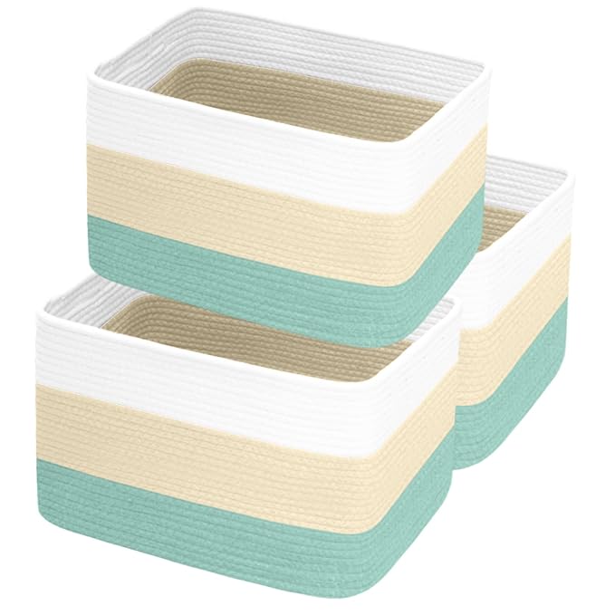 Hopegiver 3 Pack Storage Baskets for Organizing with Handle, Woven Baskets for Shelves - Durable Gift Basket for Cloth Toys Books Baby, Cotton Rope Basket for Dog Cat, 15x11x10 Inch(White&Cream&Green)