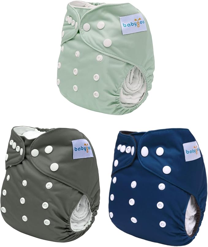 babygoal Reusable Charcoal Cloth Diapers with Double Gussets, 3 Pack Washable Baby Pocket Diapers with 3pcs Charcoal Inserts and Wet Dry Bag(Dark Grey,BeanGreen,Lake Blue)