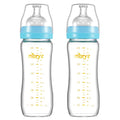 Matyz Glass Breastmilk Baby Feeding Bottle with Nipple, 2 Pack, 8 oz Slim and Light Bottle Easy to Hold, Food Grade Borosilicate Glass, Wide Neck Easy to Clean, No BPA (Blue Lids)