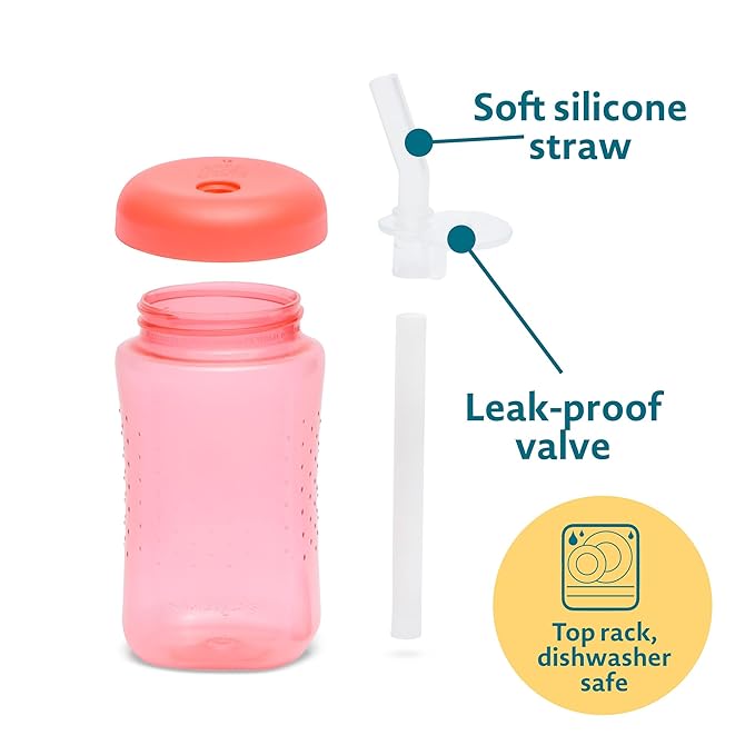 The First Years Squeeze & Sip Toddler Straw Cups - Squeezable Transition Sippy Cup with Silicone Straw - Toddler Feeding Supplies - Blue/Yelllow/Red - 7 Oz - 3 Count - Ages 6 Months and Up