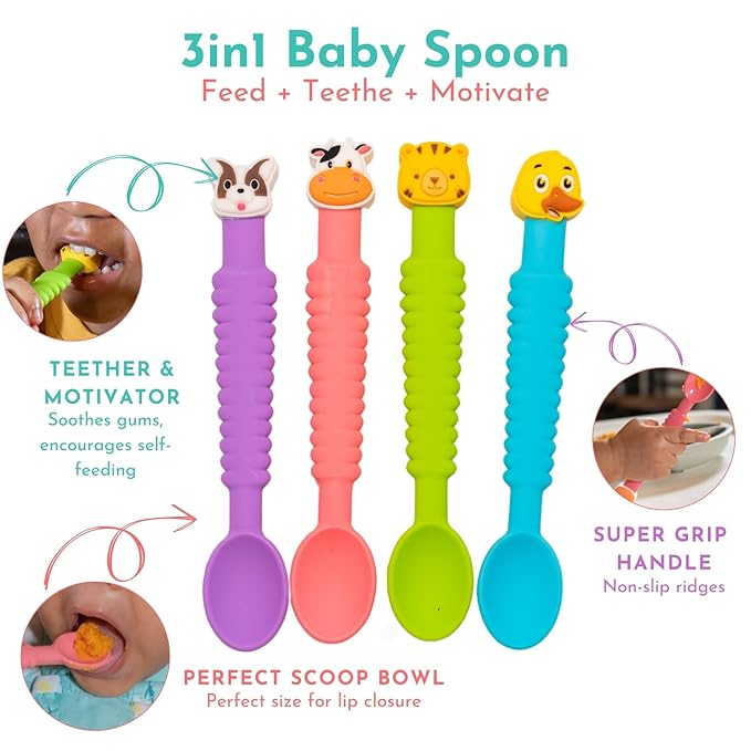 3-in-1 Silicone Baby Spoon Self Feeding 6+ Months - Pediatric OT Designed Teether Spoon, BPA Free Toddler Utensils, Mess-Free, Fun for Baby Led Weaning Supplies, Complete Set