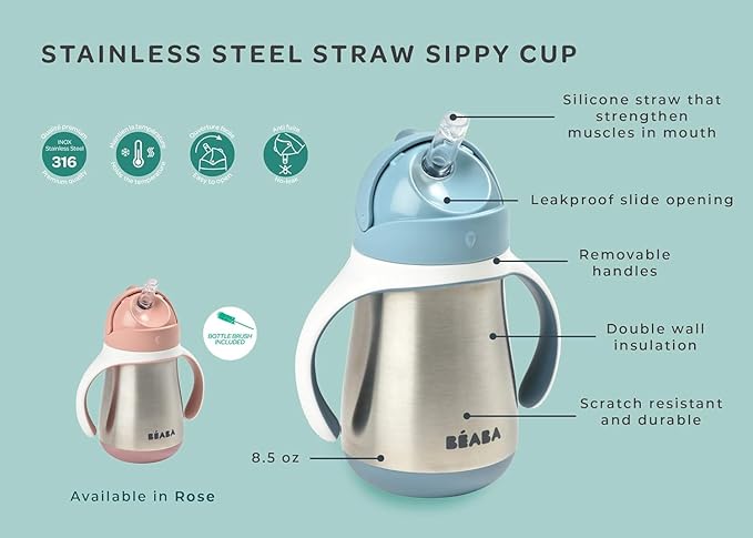 Beaba Stainless Steel Straw Sippy Cup, Insulated Toddler Cups Spill Proof with Removable Handles, Made with High Grade Stainless Steel, 8+ months, 8.5 oz Terracotta