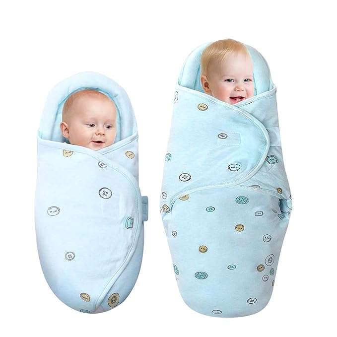 Premium Soft Cotton Baby Swaddle Blankets, Unisex Baby Blanket Wrap for Newborn Baby Boys Girls, Skin Friendly Wearable Swaddling Sleep Sack Calms Startle Reflex (Blue, 0-3 Months + 3-6 Months)