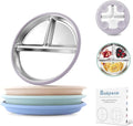 Stainless Steel Toddler Plate with Suction, 8” Divided Plates with Removable Silicone Sleeves for Baby, Non Toxic Unbreakable Kids Snack Dishes Set of 4, Sage Blue Beige Lilac