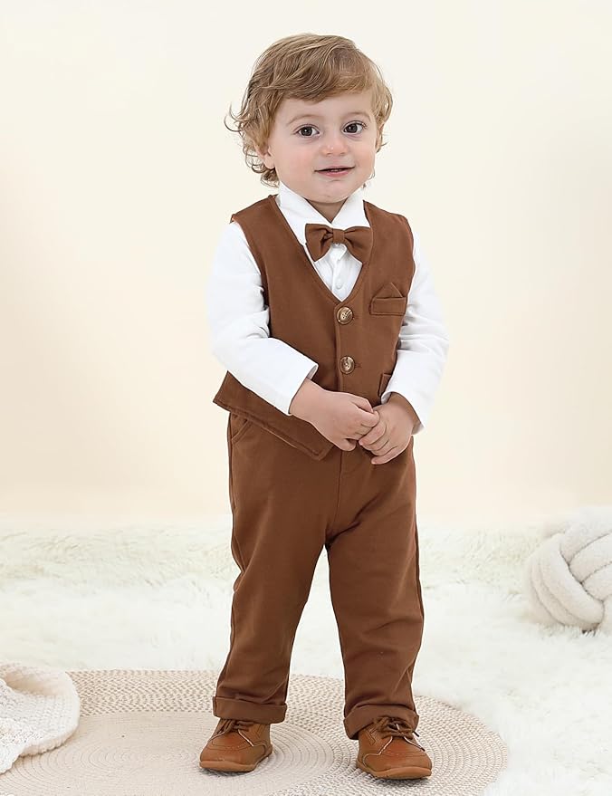 A&J DESIGN Baby Boy Suits Clothes Infant Toddler Formal Gentleman Outfits, Dress Shirt + Vest + Bow Tie + Pants Wedding Set