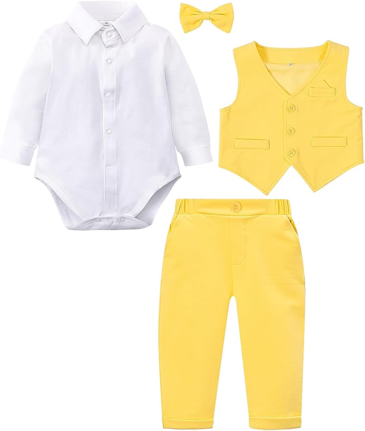 A&J DESIGN Baby Boy Suits Clothes Infant Toddler Formal Gentleman Outfits, Dress Shirt + Vest + Bow Tie + Pants Wedding Set
