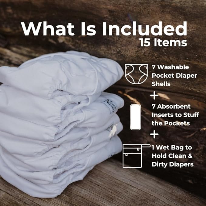 Nora's Nursery Cloth Diapers 7 Pack with 7 Inserts & 1 Wet Bag - Waterproof Cover, Washable, Reusable & One Size Adjustable Pocket Diapers for Newborns and Toddlers - Winter White