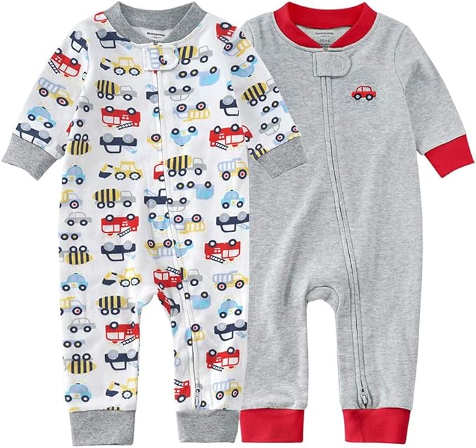 Teach Leanbh Baby 2-Pack Footless Pajamas Cotton Long Sleeve Printing 2 Way Zipper Romper Jumpsuit Sleep and Play 3-24 Months