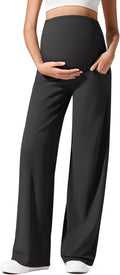 G4Free Ribbed Maternity Yoga Pants with Pockets Over The Belly Wide Leg Casual Pregnancy Lounge Trousers