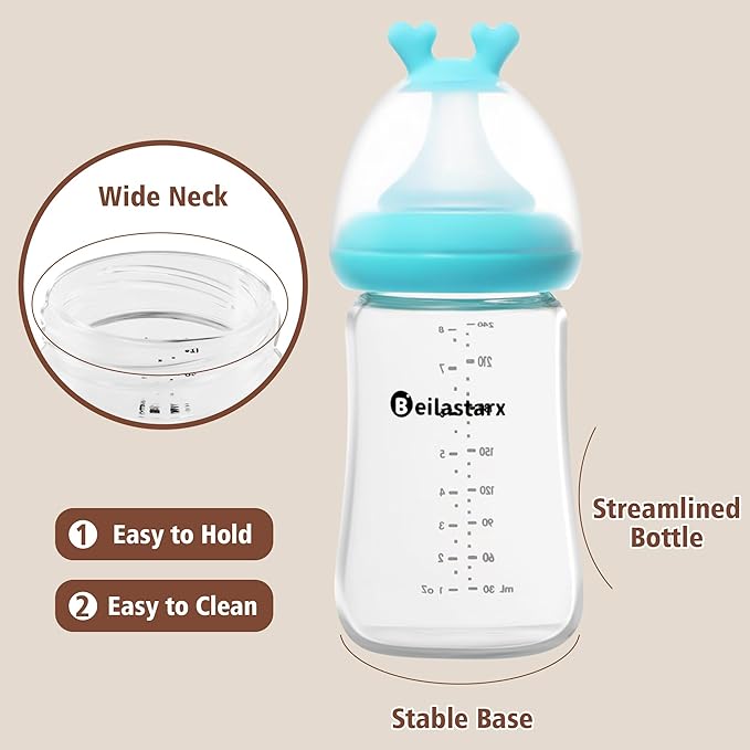 Glass Baby Bottles with Natural Response Nipple Size M - Anti Colic Baby Bottles Wide Neck Slow Flow Baby Bottle(Blue, 8oz (Pack of 2))