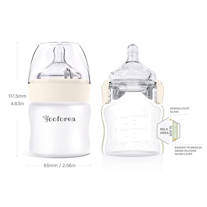 Yooforea Silicone Coated Glass Baby Bottle, 0M+ Slow Flow Nipple I Anti-Colic, Wide Neck, Stable Base I Medical-Grade Silicone Coating for Shatter Protection, BPA BPS PVC Free (3 Ounce-Cream)