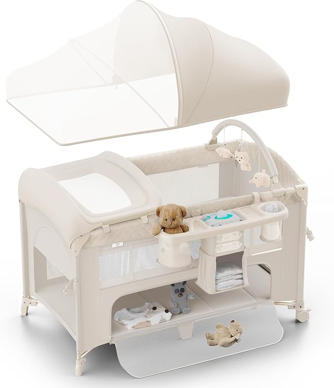 4 in 1 Baby Bassinet, Pack and Play, Bedside Crib Sleeper, Diaper Changer - Comes with Mattress, Mosquito Net, Bottom Storage and Toy Bar for Newborn to Toddles