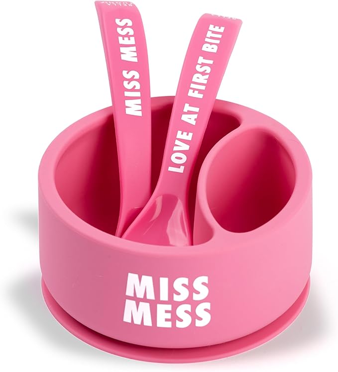 Bella Tunno Silicone Suction Bowl & Spoons for Toddlers & Babies, Food Grade BPA Free Silicone, Non Slip Base, Microwave & Dishwasher Safe, Ideal Baby-Led Weaning Bowl, Miss Mess/Love First Bite