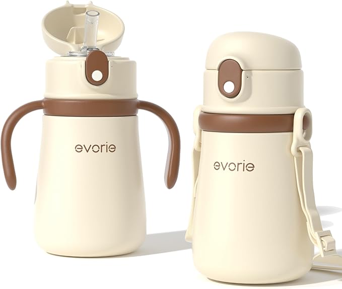 Evorie Leak Proof Vacuum Insulated Water Bottle, 316L Stainless Steel Sippy Cup for Toddlers, 11 oz Straw Cup with Handle & Adjustable Strap, Keeps Drinks Warm or Cold (1 Pack, White)