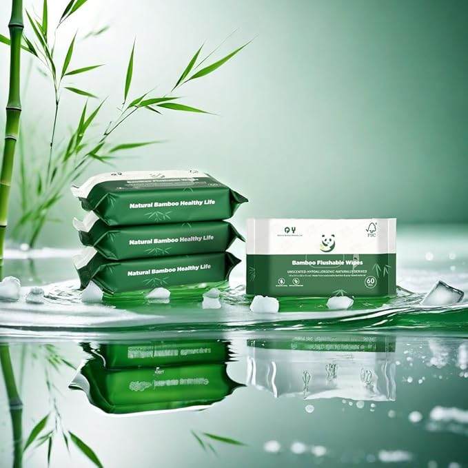 Bamboo Flushable Wipes,Septic Safe,Soft, Soothing Botanicals & Aloe, Unscented,Eco Friendly, Natural Brown Bamboo-Pulp Based Flusable Wipes for Women/kids/Adults 360Count (6 Packs of 60)