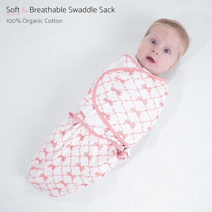 LollyBanks Baby Swaddles 100% Organic Cotton, 0-3 Months Baby Girl Swaddles with Easy Change Zipper, Swaddle Sack for Newborn Girls (Pink Bow Print)
