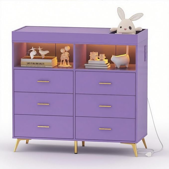 Changing Table Dresser with Drawers, Baby Dresser with Changing Table Top, Power Outlet, LED Light & Metal Feet, Diaper Changing Station Nursery Organizer for Infants Newborn (Purple)