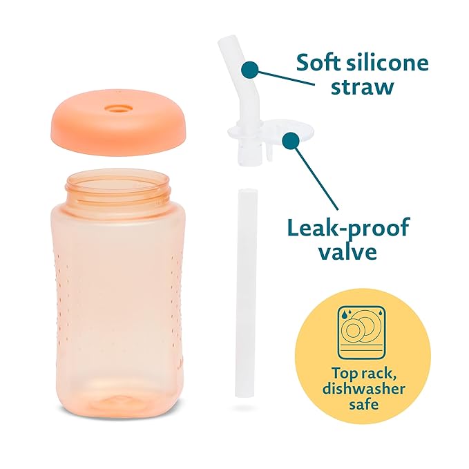The First Years Squeeze & Sip Toddler Straw Cups - Squeezable Transition Sippy Cup with Silicone Straw - Toddler Feeding Supplies - Yellow/Pink/Orange - 7 Oz - 3 Count - Ages 6 Months and Up