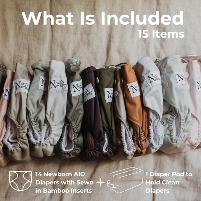 Nora's Nursery Newborn All-in-One Cloth Diaper 14-Pack with Diaper Pod for Clean Storage - Waterproof, Washable, Reusable, and Adjustable for Babies Under 12lbs - Evergreen