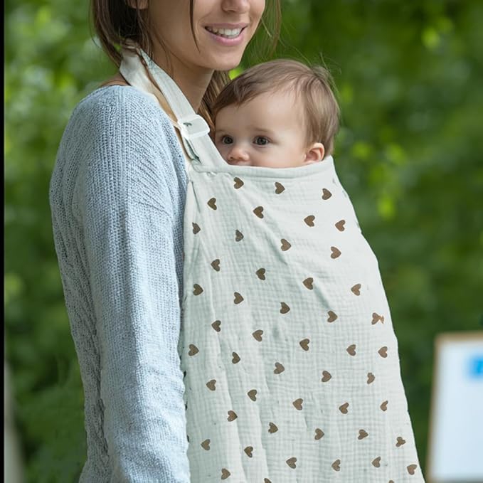 Muslin Nursing Covers for Breastfeeding, Arch Neckline Breast Feeding Covers for Women, Moms Privacy Breathable Summer Nursing Apron, 43.3" x 25.6" Soft Feeding Cover (Mint Green Heart)