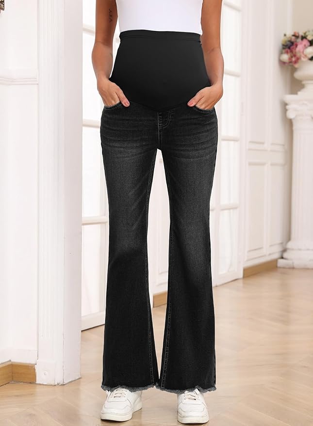 BLENCOT Maternity Jeans for Women Over Belly Pregnancy Pants Comfy Pregnant Jeans Flare Denim Jeans with Pockets