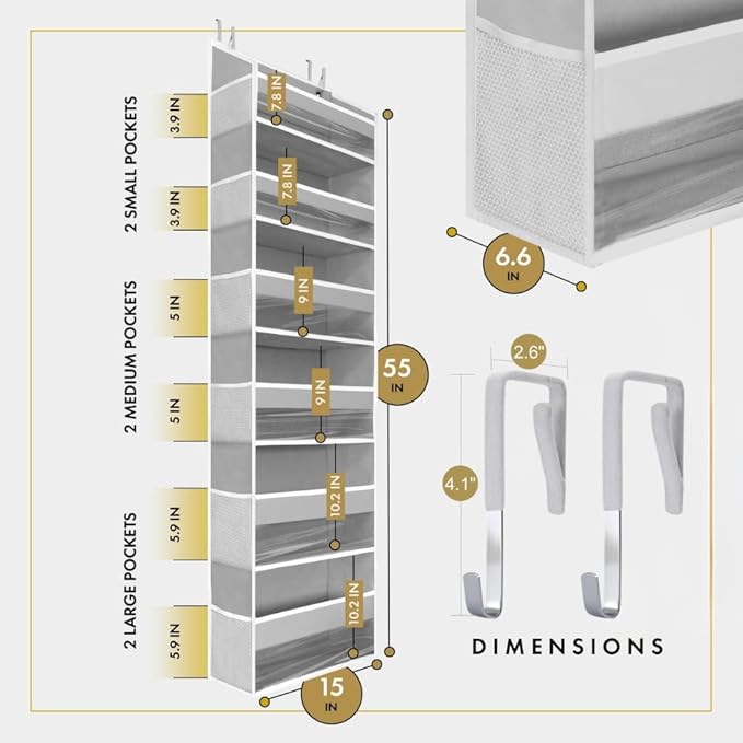 HOMELUX THEORY 2 PC Heavy Duty Over the Door Organizer 55x14x6.7, 6 Large Front & 12 Side Pockets, Hanging Storage Closet Door Organizer for Bedroom, Bathroom and Baby Nursery Storage (Light Gray)