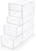Prsildan Acrylic Drawer Makeup Organizer with 5 Drawers, Hair Accessories Organizer, Office Desk Organization, Clear Stackable Storage Drawers for Vanity, Countertop, Craft, Jewelry
