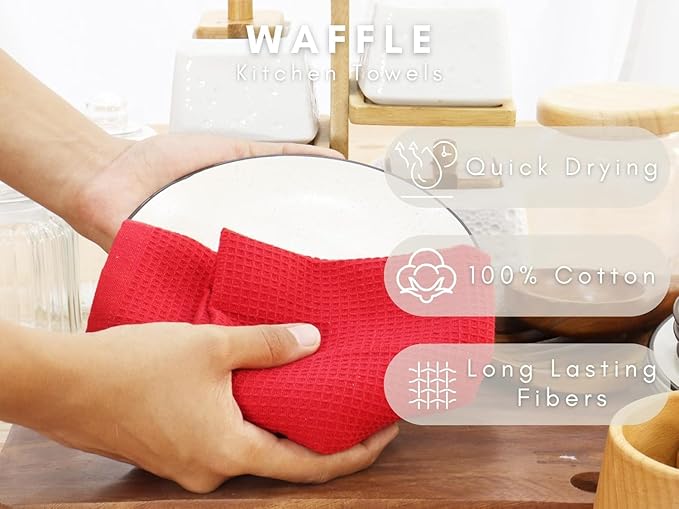 PurpleEssences Waffle Weave Kitchen Towel, 100% Cotton - 15 x 25 Inches, with Hanging Loop Ultra Soft Absorbent Quick Drying Dish Cloth, Tea and Hand Towels, 4 Pack - Fall Thanksgiving - Red