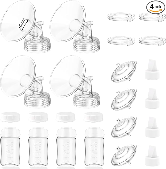 4packs 16mm Full Breast Replacement Pump Parts for Spectra S1 S2 9 Plus Synergy Gold Include 13mm Flange,Valve,Backflow Protector,Tube,Bottle,Caps, Fit for Motif Luna Cimilre Ameda MYA Pump