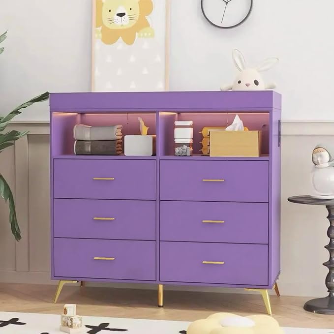 Changing Table Dresser with Drawers, Baby Dresser with Changing Table Top, Power Outlet, LED Light & Metal Feet, Diaper Changing Station Nursery Organizer for Infants Newborn (Purple)