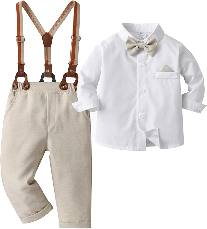 Boarnseorl Baby Boys Pants Sets,Toddler Gentleman Outfits, Infant Long Sleeve Shirt + Pants + Bow Tie + Suspenders
