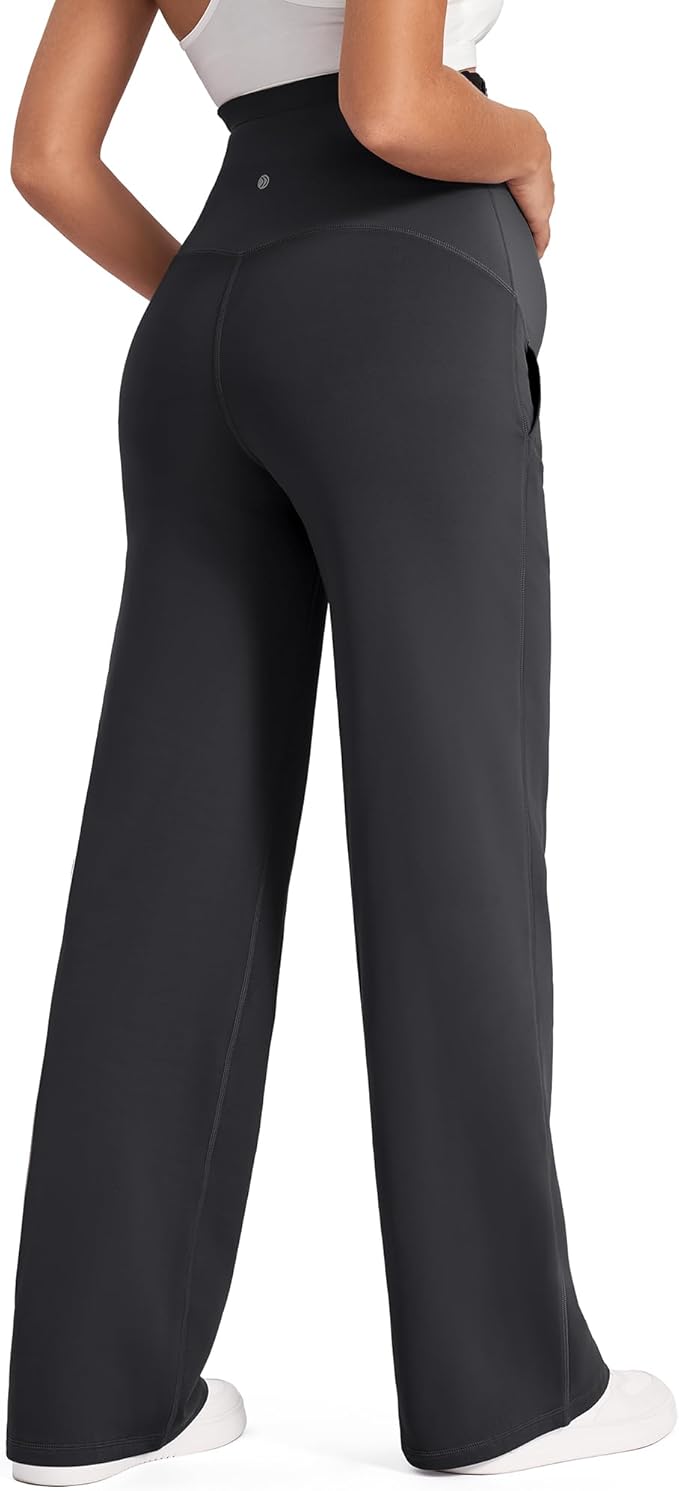 G4Free Fleece Lined Maternity Yoga Pants Over The Belly Stretchy Wide Leg Warm Pregnancy Work Trousers with Pockets