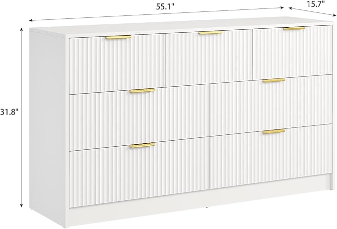 7 Drawers Dresser for Bedroom,55" Wide Fluted Dresser with Deep Drawers, Modern Chest of Drawers, Wood TV Stand Storage Organizer for Closet, Living Room, Hallway, White