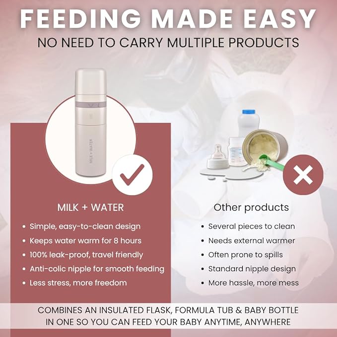 MILK & WATER All in One Baby Bottle & Baby Formula Dispenser On The Go, 9oz - Keeps Water Warm & Formula Fresh - Baby Formula Mixing Bottle with Anti Colic Nipple - Leak-Proof - 3+ Months (Pink)