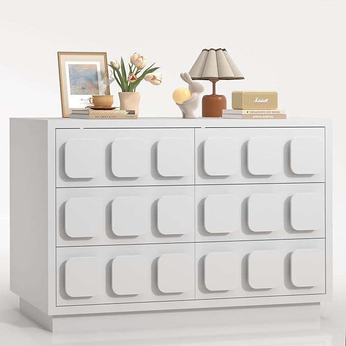 Anbuy White Baby Dresser for Bedroom, Dresser for Baby with 6 Drawers, Storage and Organization Unit with Square Handles for Nursery, Kids Bedroom
