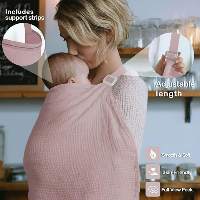 Muslin Nursing Covers for Breastfeeding, Arch Neckline Breast Feeding Covers for Women, Moms Privacy Breathable Summer Nursing Apron, 43.3" x 25.6" Soft Feeding Cover (Light Pink)