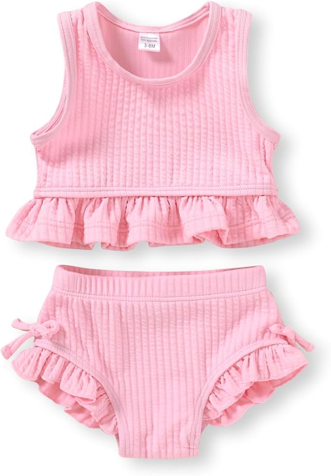 HAPPYMA Baby Swimsuit Toddler Girl Bathing Suit Summer Solid Color Bikini Set Beach Two Piece Swim Wear