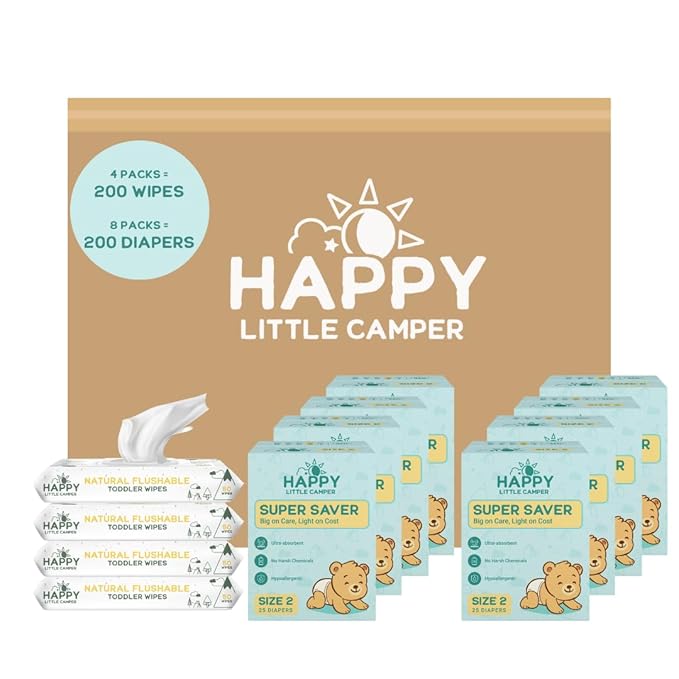 Happy Little Camper Ultra-Absorbent Super Saver Baby Diapers Size 2 - Hypoallergenic, Unscented & Chlorine-Free Disposable Diapers (200 Count) Come with Flushable Wipes (200 Count) for Sensitive Skin